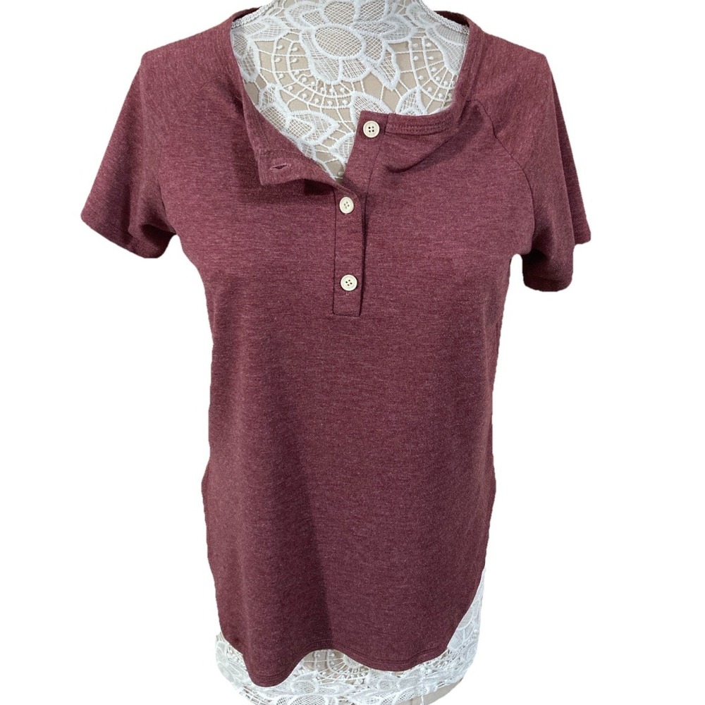 EFAN Women Burgundy Red Henley Short Sleeve Raglan T-Shirt Curved Hem Size M